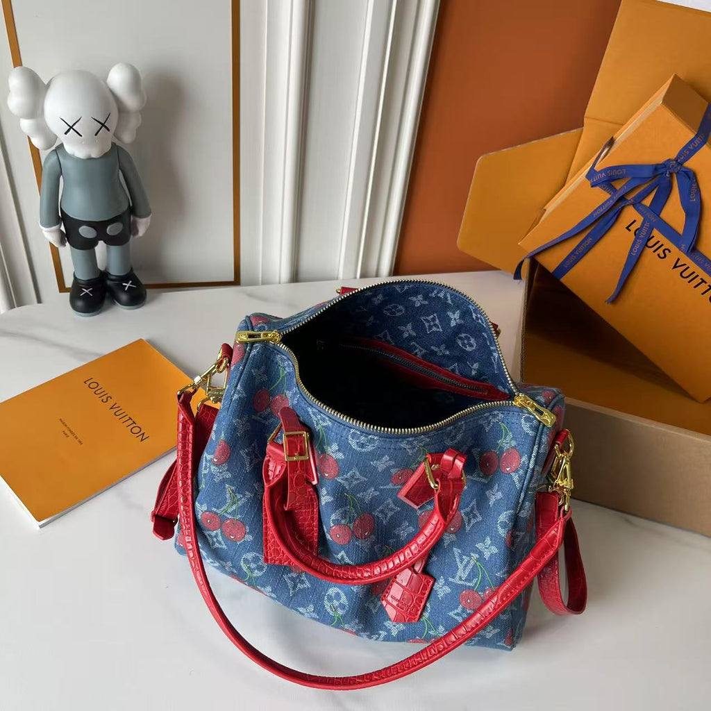 B1P46E57 Popular denim material+leather bag