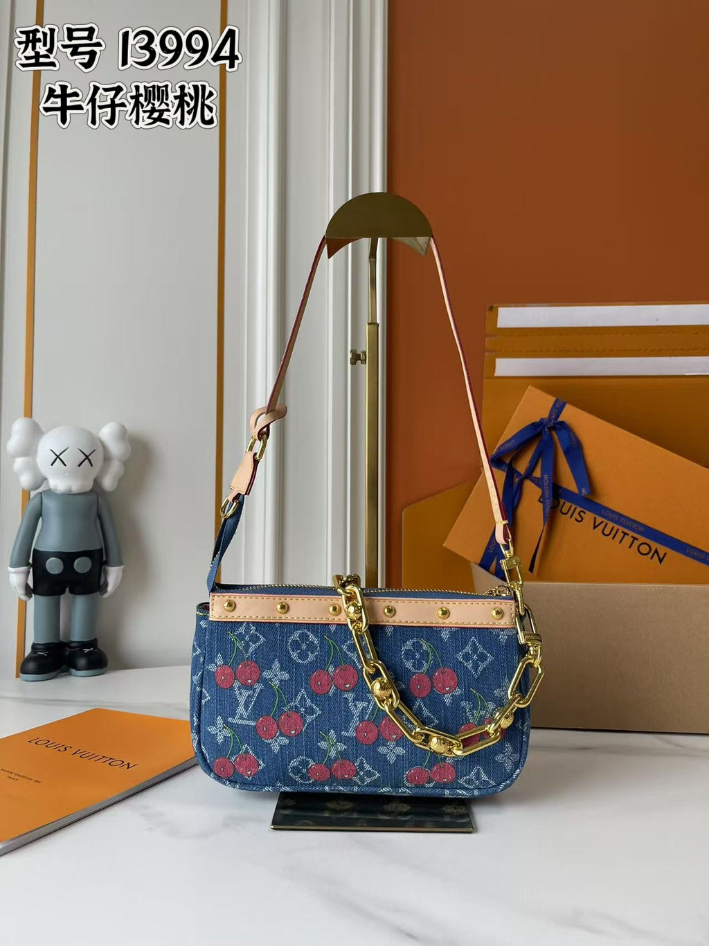 B1P46E59 Popular denim material+leather bag