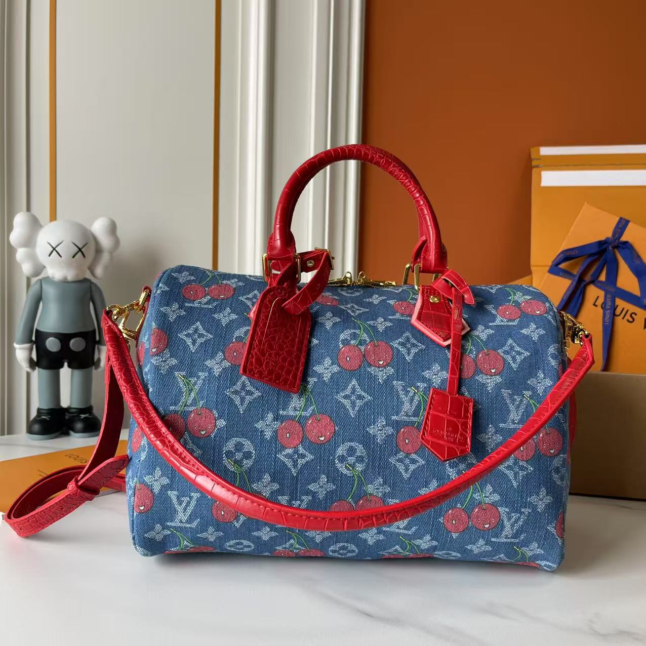B1P46E57 Popular denim material+leather bag