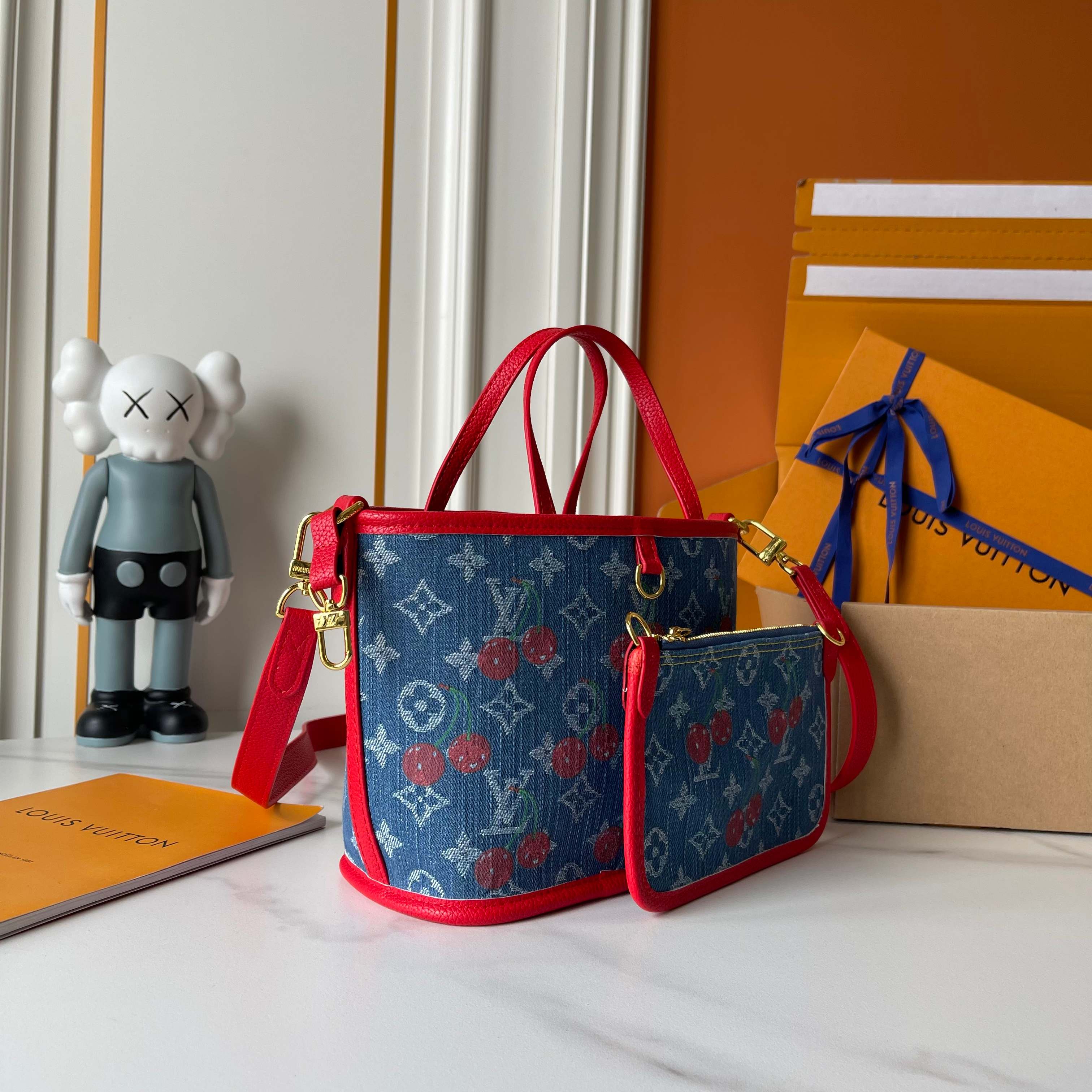 B1P46E56 Popular denim material+leather bag